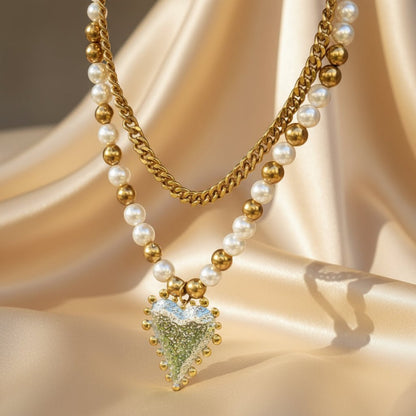 Elegant 18K Yellow & White Gold Plated With Pearls Heart Pandant Necklace - DressAtR LLC
