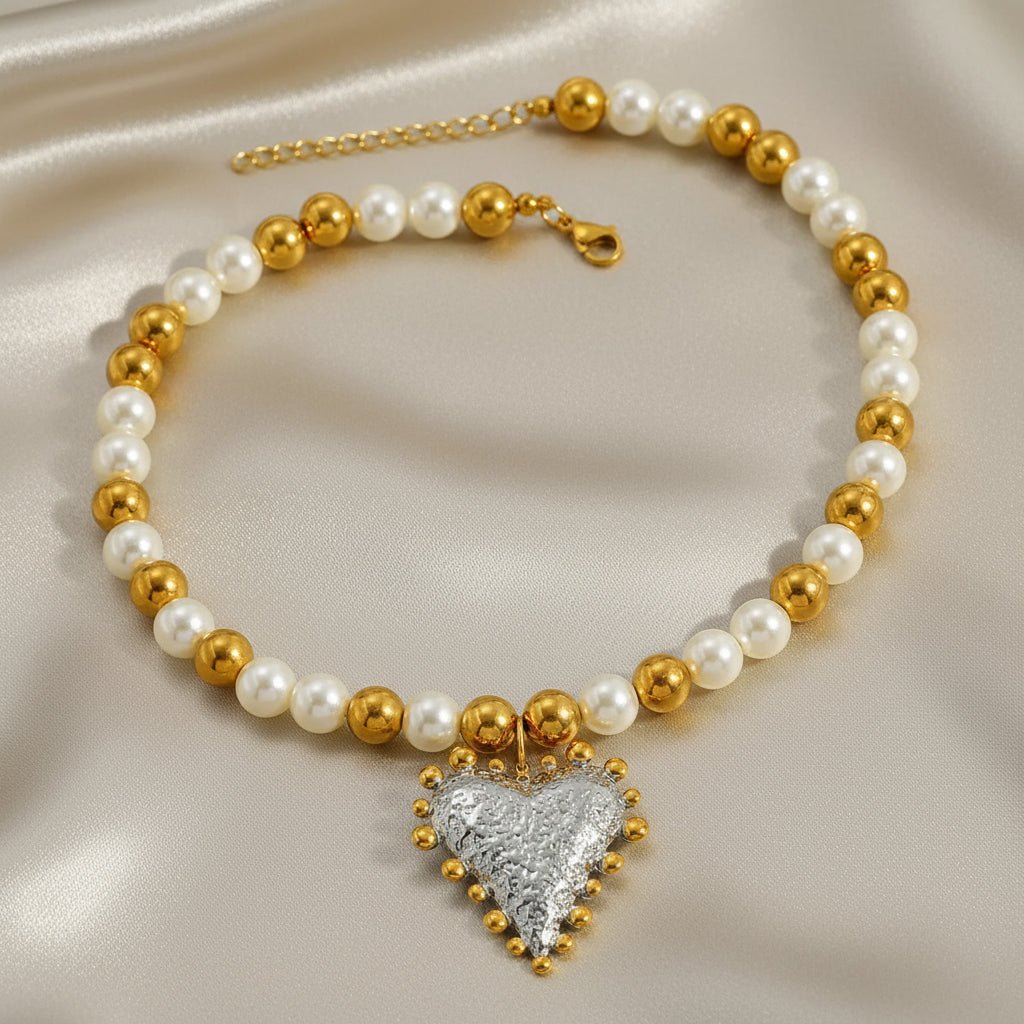 Elegant 18K Yellow & White Gold Plated With Pearls Heart Pandant Necklace - DressAtR LLC