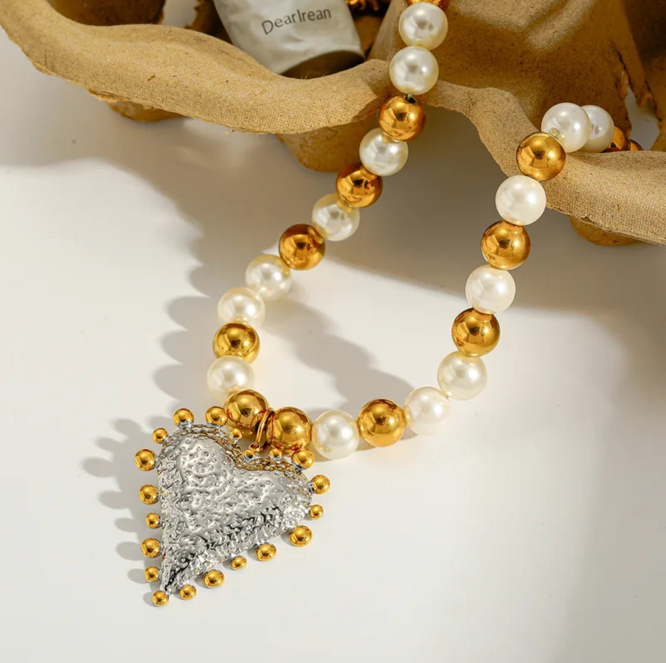 Elegant 18K Yellow & White Gold Plated With Pearls Heart Pandant Necklace - DressAtR LLC